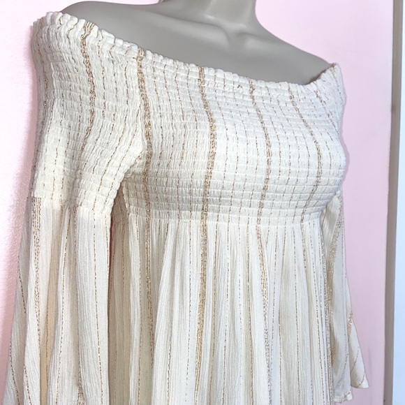 Cream Smocked Dress with Metallic Bronze Stripes - Picture 2 of 5
